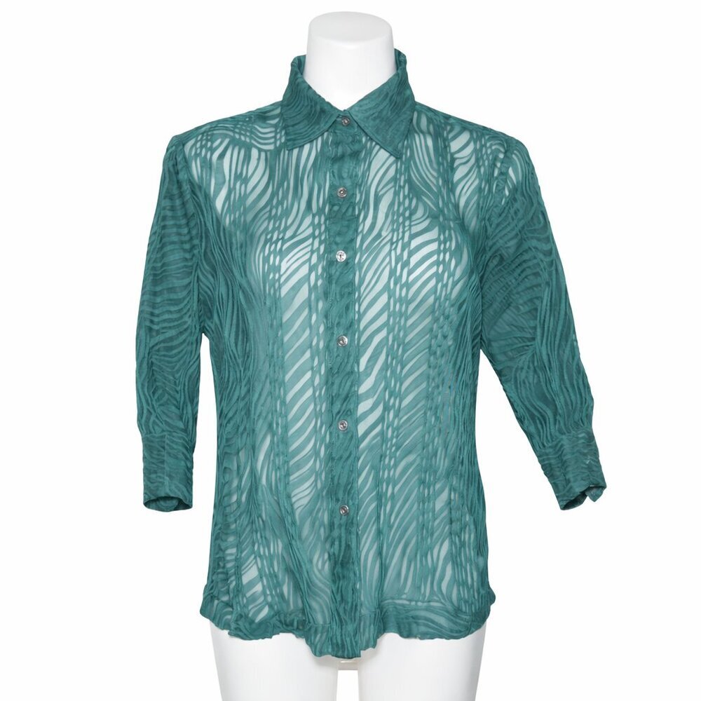 Mirasol Teal Sheer Burnout Textured Button-Up Blouse | Size M | Boho Chic Resort